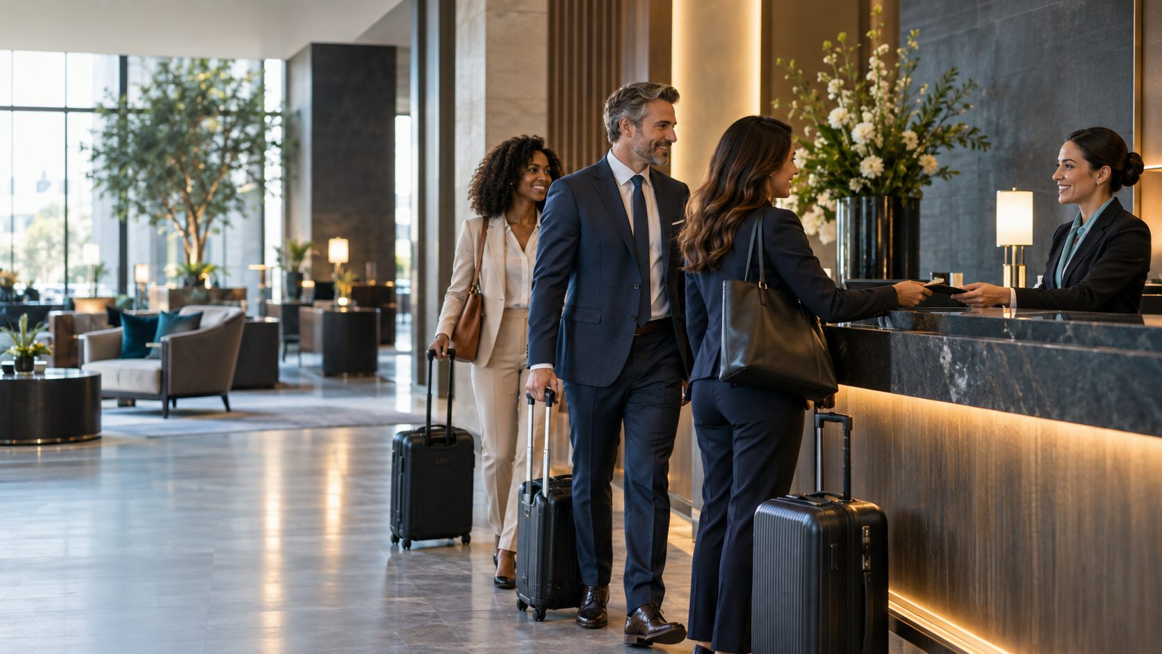 Business travelers checking in at a hotel front desk