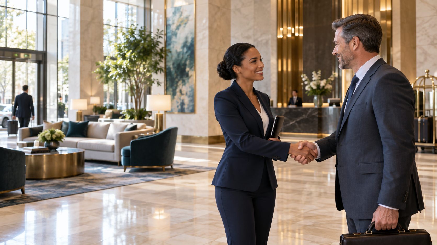 Hotel sales professional greeting a business client