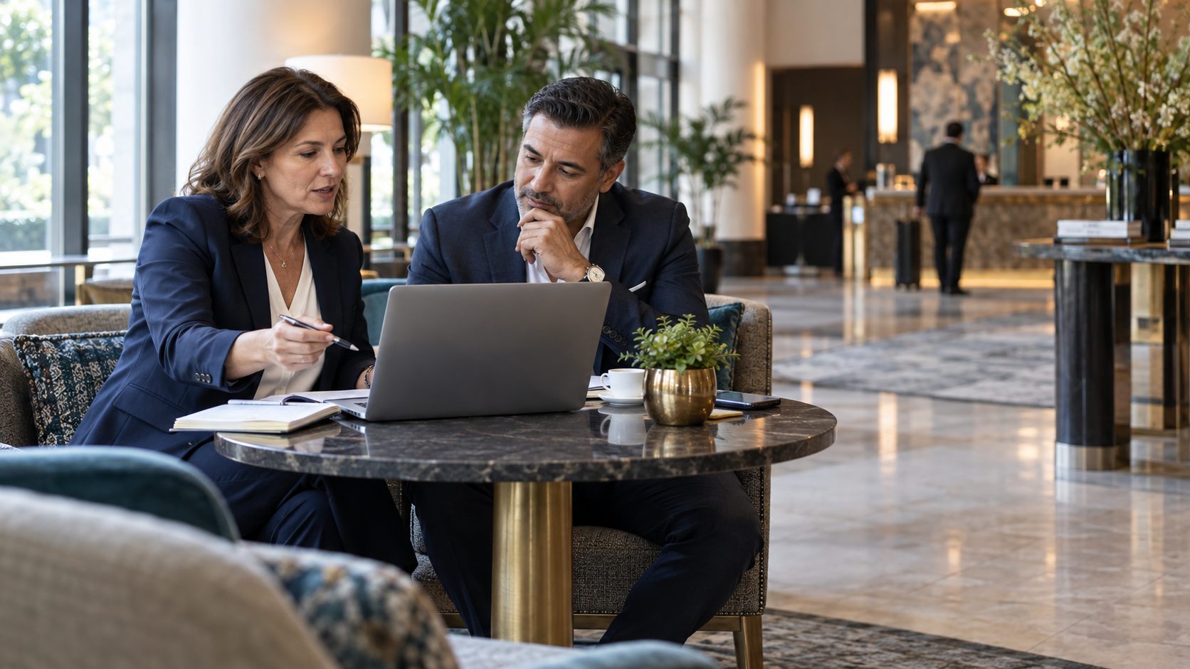 Hotel sales professionals reviewing plans together